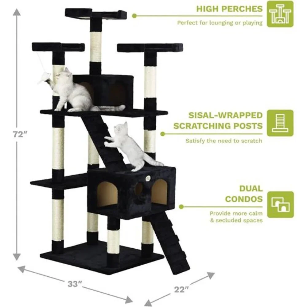Tall Cat Tree Tower with Cat Condos Play Scratch Activity with Toy, Black, 72